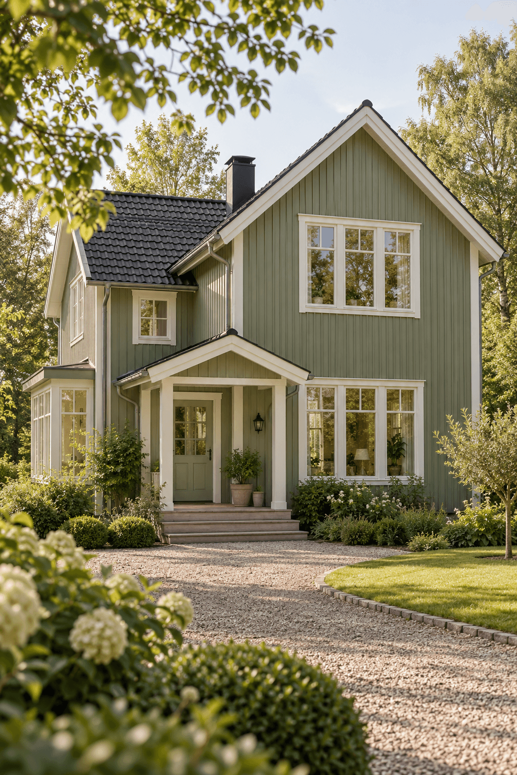Ljusgrön svensk villa omgiven av grönska